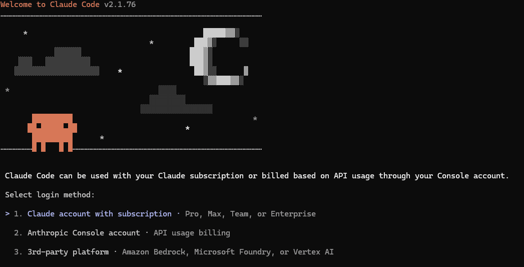 Claude Code login method selection