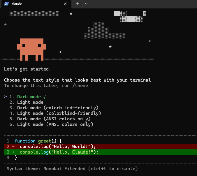Claude Code first launch — theme selection screen