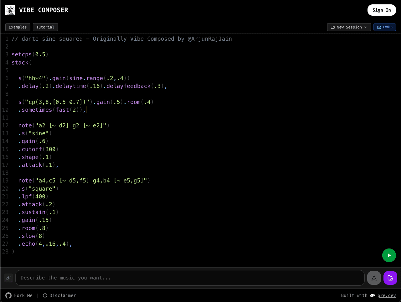 pre.dev VibeComposer — AI-powered autonomous coding agent interface