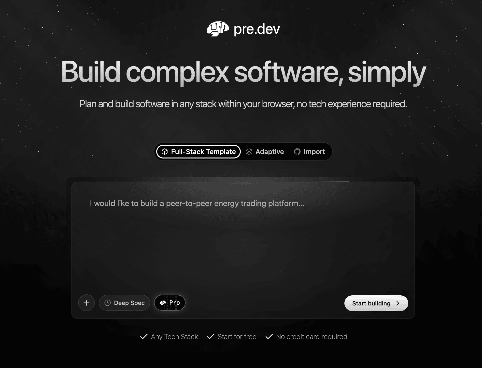 pre.dev main dashboard — designing software projects through AI conversation
