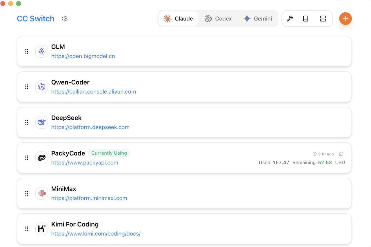 CC Switch main interface showing provider list with Claude, Codex, and Gemini tabs, usage tracking, and one-click switching