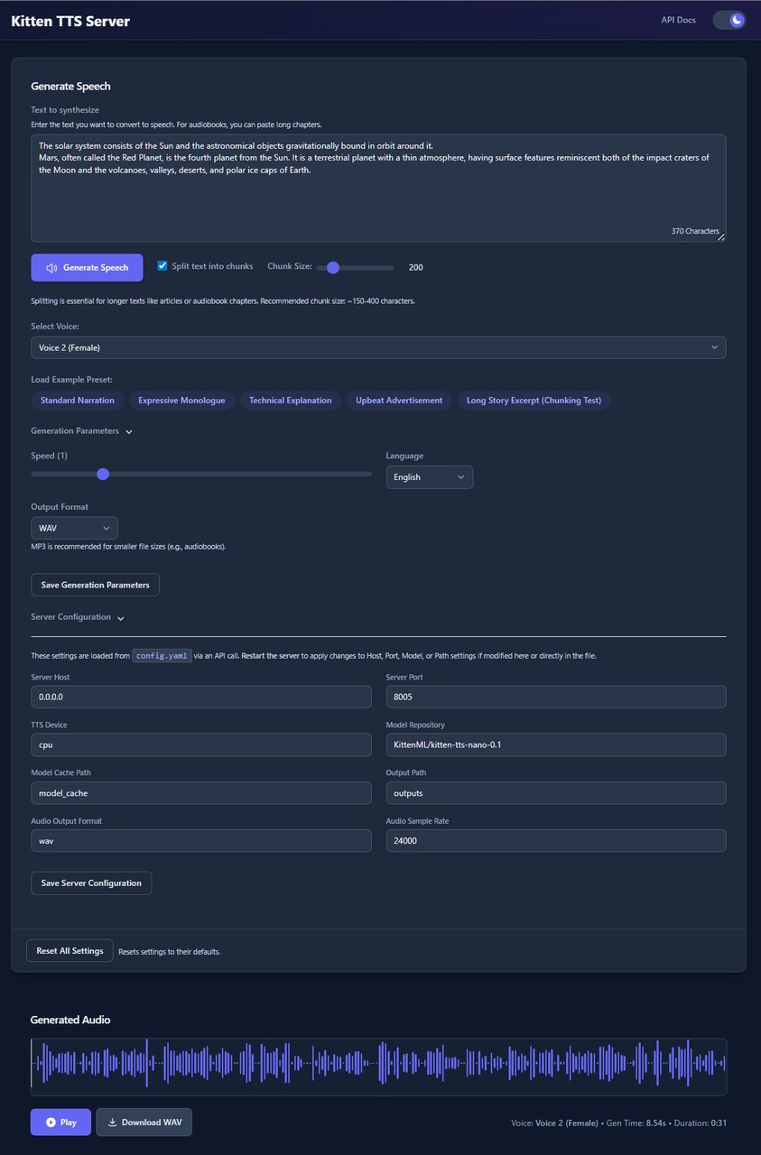 KittenTTS Server Web UI showing voice synthesis interface