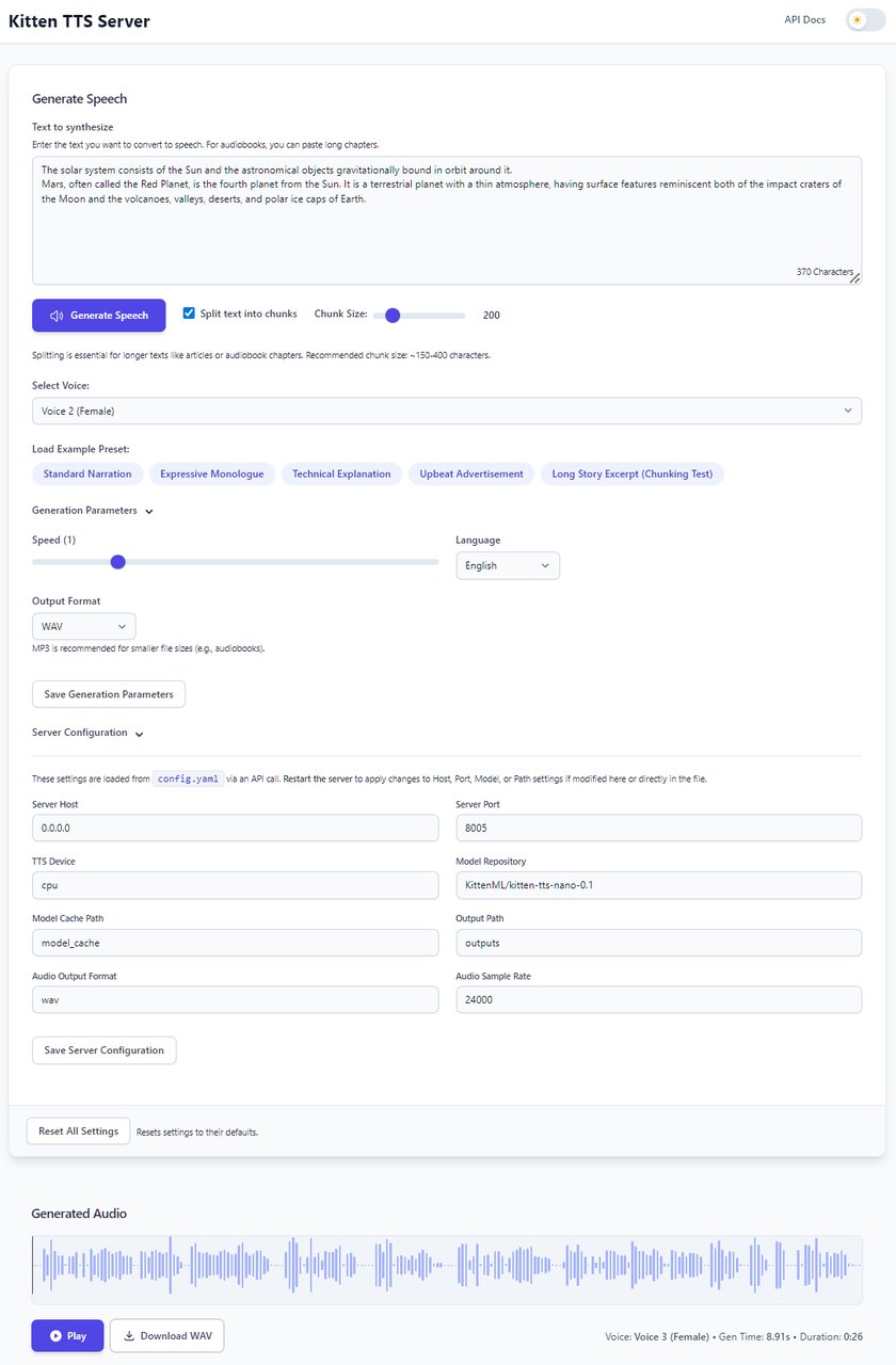 KittenTTS Server light mode interface with waveform visualization