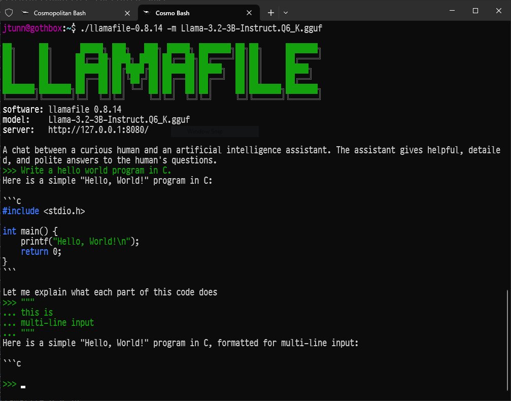 Llamafile terminal chat interface with colorful syntax highlighting