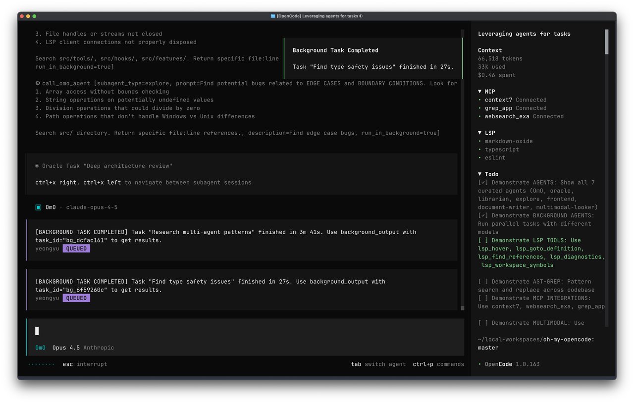 Oh My OpenAgent terminal interface showing multiple agents running in parallel with background tasks, MCP integrations, and todo tracking