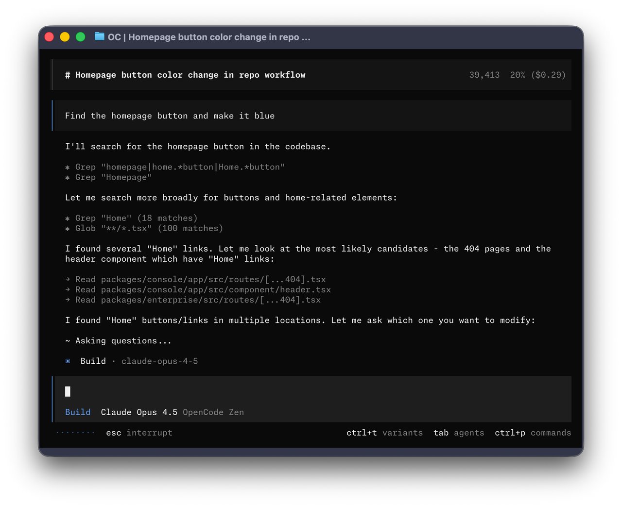 OpenCode terminal UI showing Claude Opus 4.5 integration — the feature now being removed