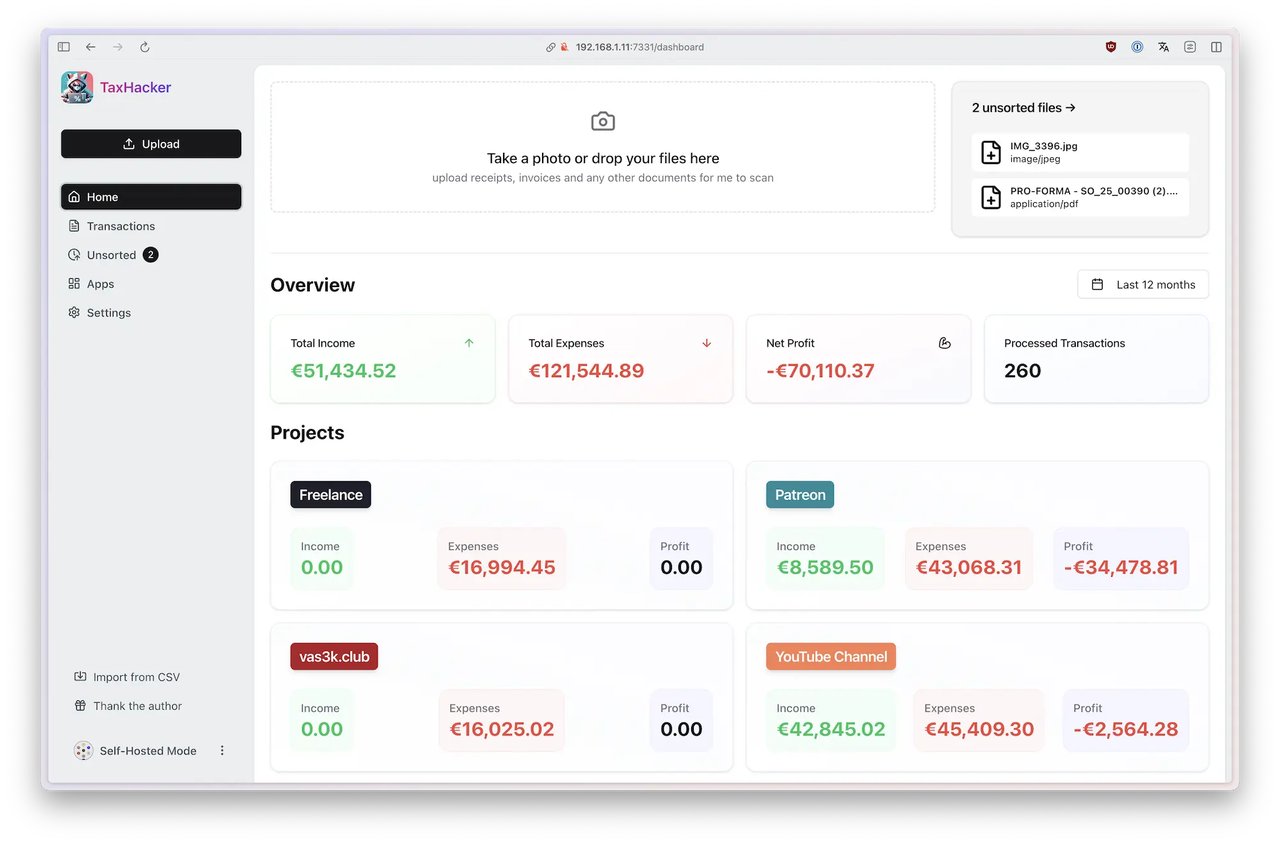 TaxHacker dashboard showing income, expenses, net profit, and project breakdowns