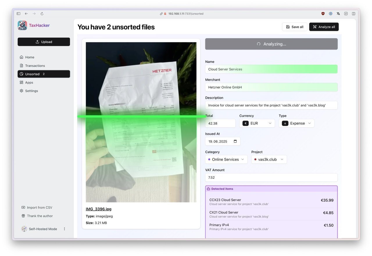 TaxHacker AI scanner analyzing a Hetzner invoice, extracting merchant, amount, currency, and line items