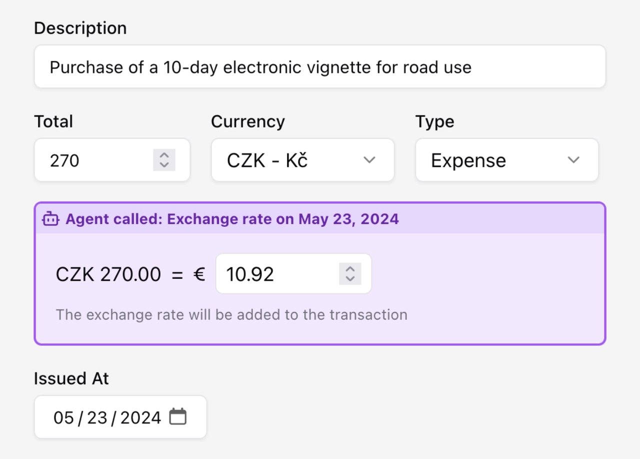 TaxHacker multi-currency support showing automatic currency detection and conversion