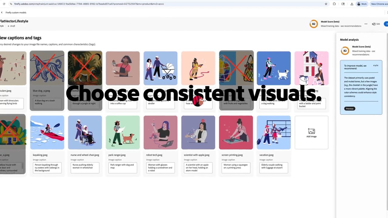 Adobe Firefly Custom Models interface showing style training workflow