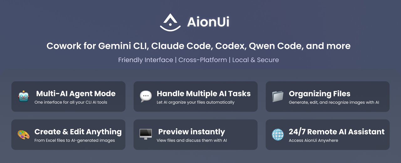 AionUi function overview showing multi-agent support, file management, scheduling, and remote access
