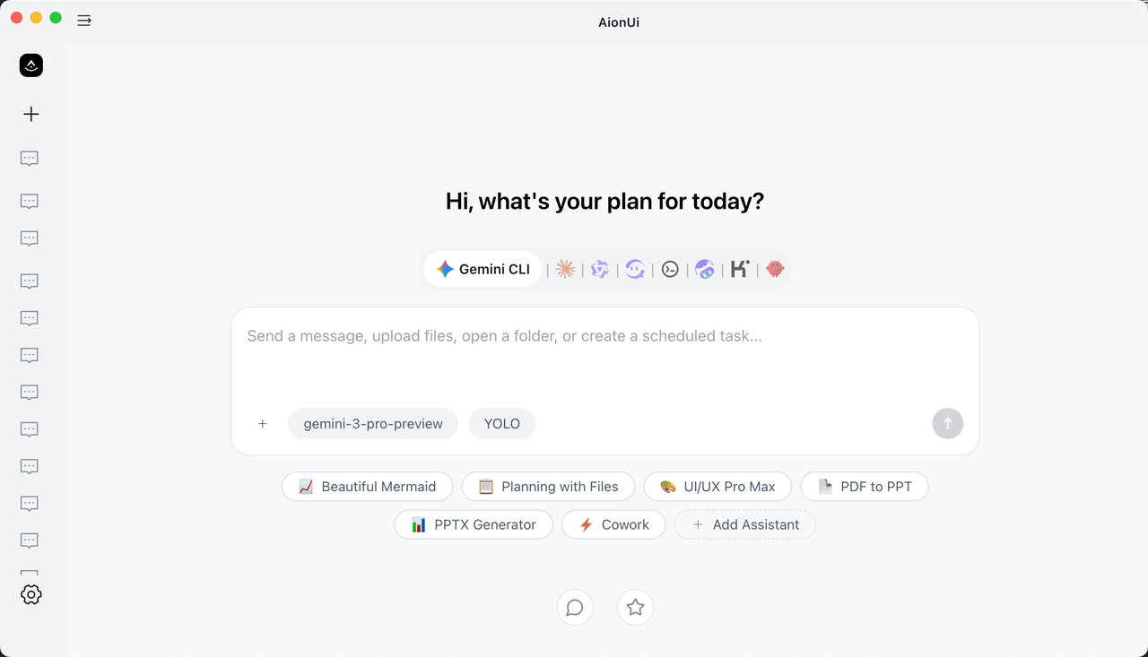 AionUi showing built-in AI agent support including Claude Code, Codex, and OpenClaw
