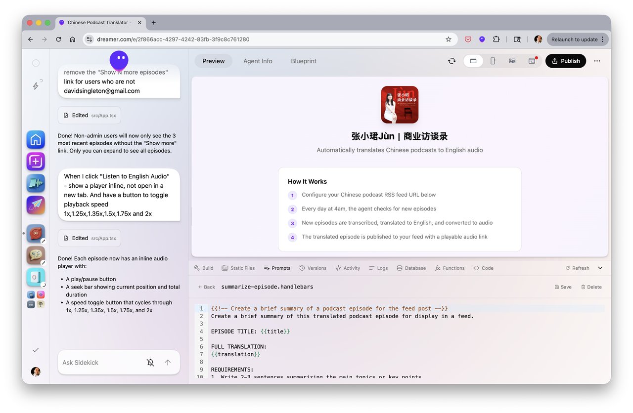 Dreamer agent editor with code preview
