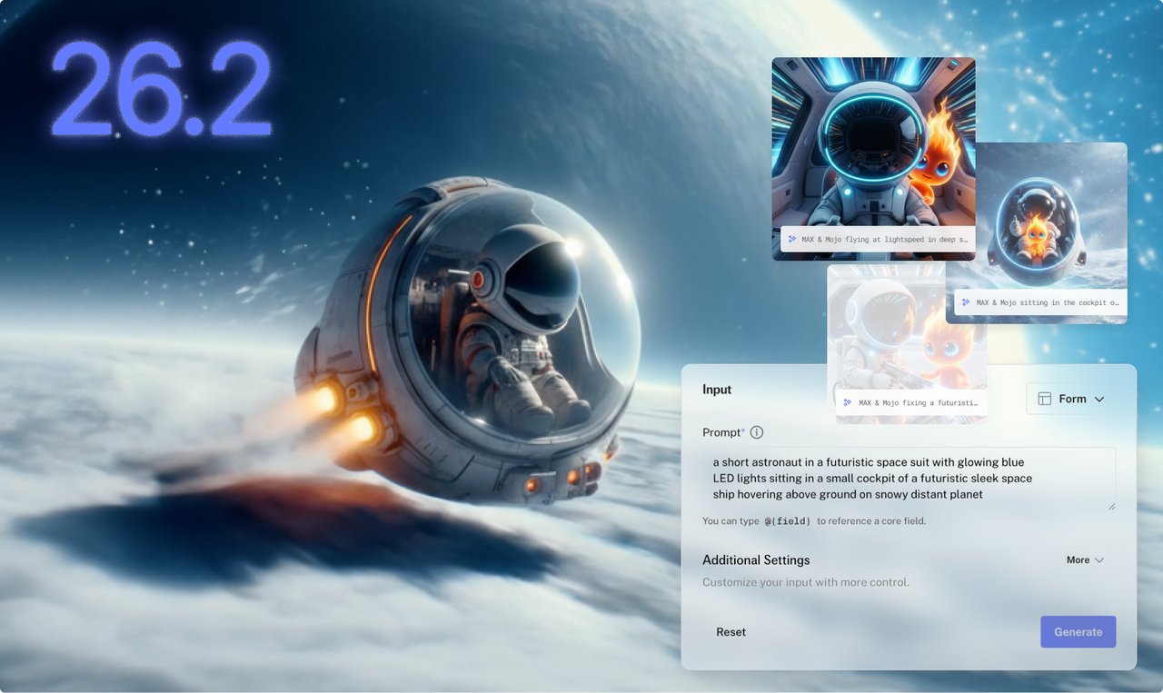 Modular 26.2 release announcement showing AI image generation and Mojo coding improvements