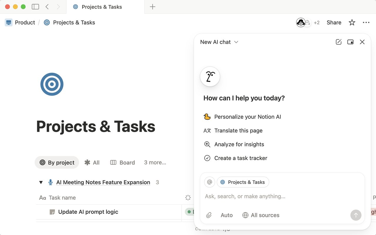 Notion AI Agent chat interface showing skills