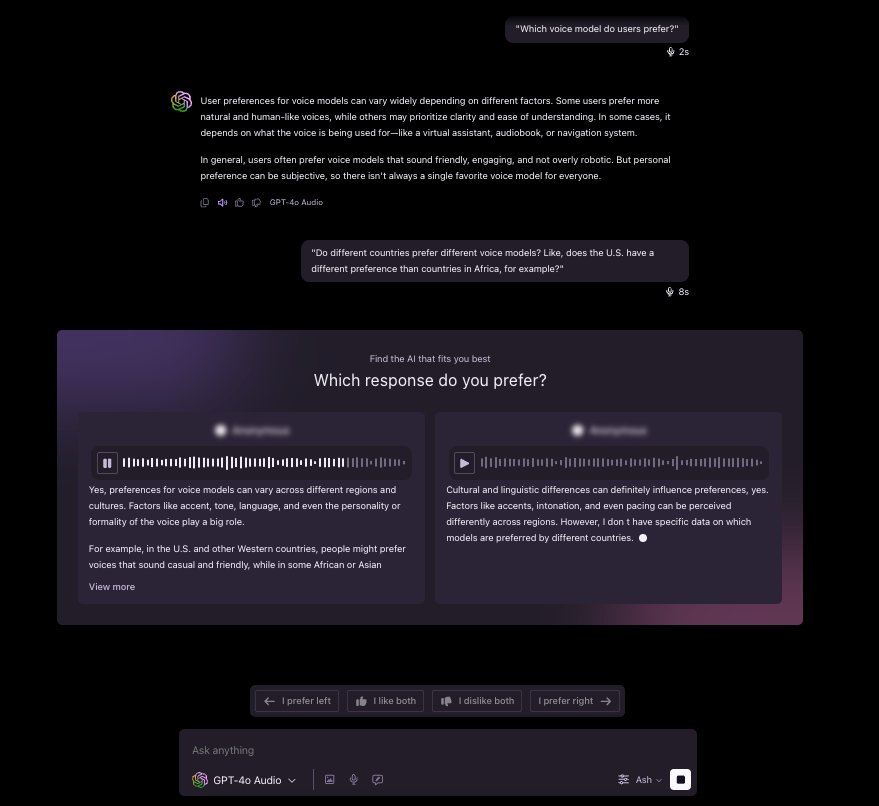 Voice Showdown comparison interface showing two AI responses side by side