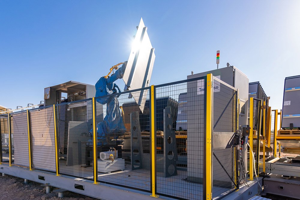 Terafab V2 automated solar panel construction system in action