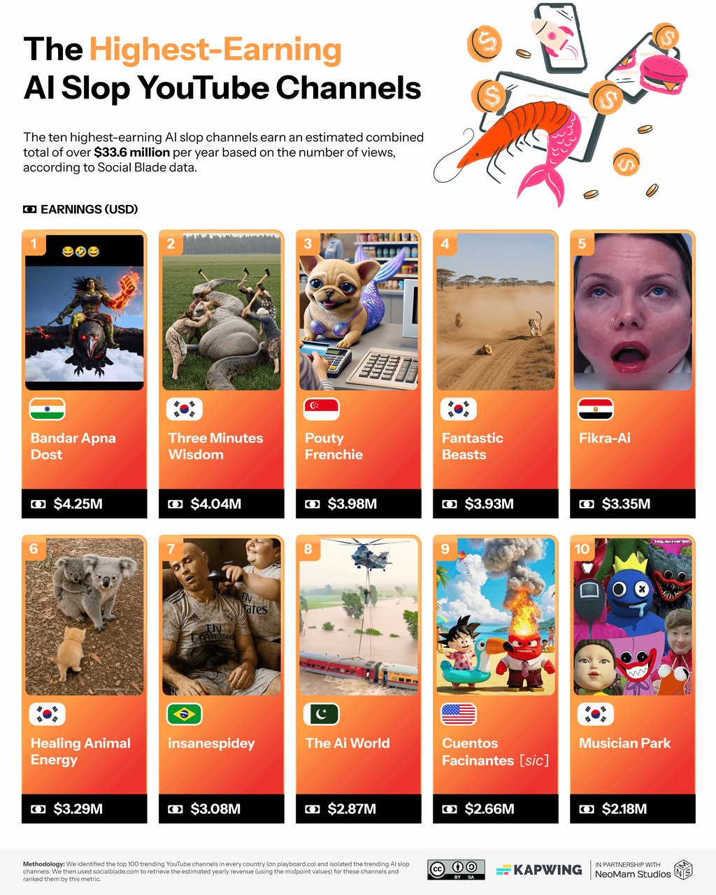 Chart of highest-earning AI slop YouTube channels