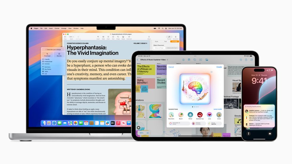Apple Intelligence announcement at WWDC 2024 showing the promised AI features