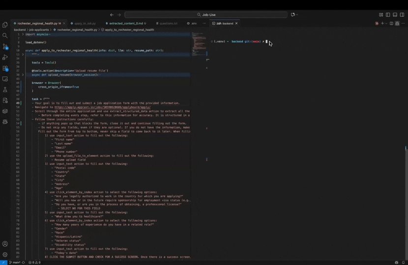 Browser Use demo showing AI agent automatically filling out a job application