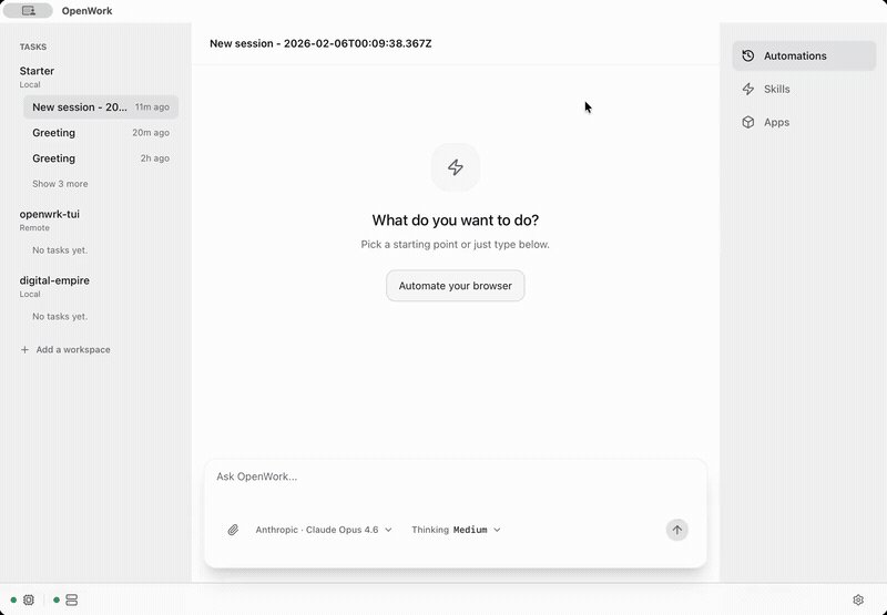 OpenWork desktop app demo showing AI agent workflow