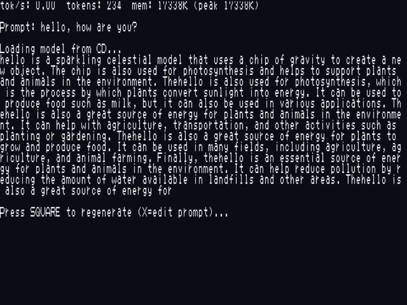 PS2 LLM demo running on PlayStation 2 hardware showing AI text generation