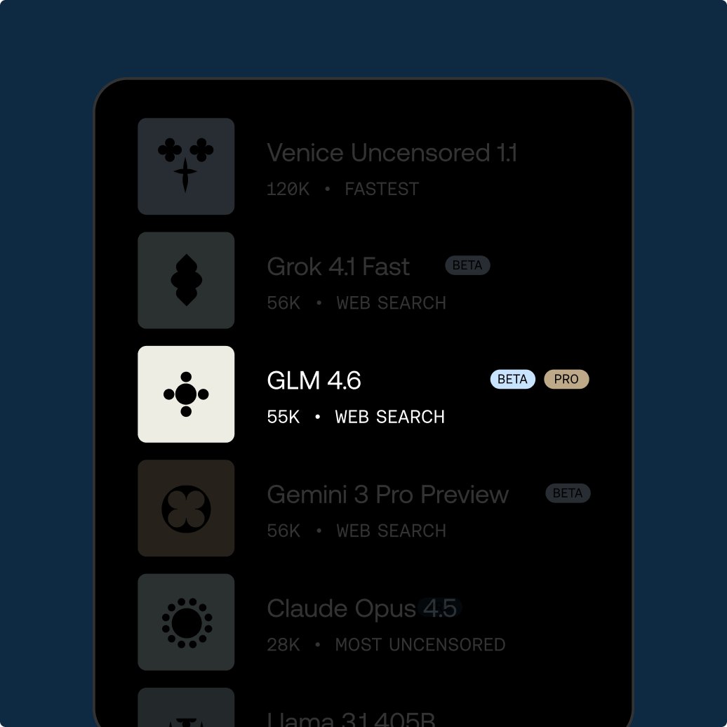 Venice AI model selection showing Claude Opus 4.5, Grok 4.1, Gemini 3 Pro, and other models