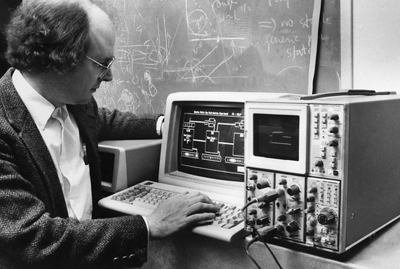 Charles Bennett with the first quantum cryptography device at IBM, 1990