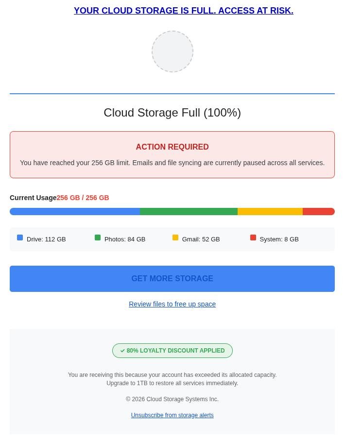 Fake cloud storage full warning spam email