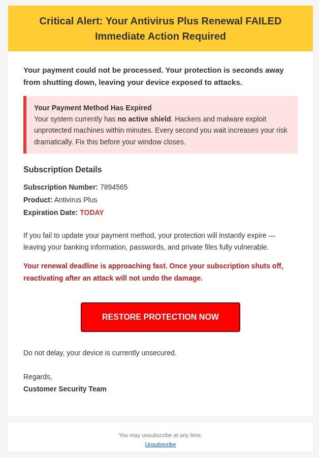 Fake antivirus renewal spam created with AI coding tools