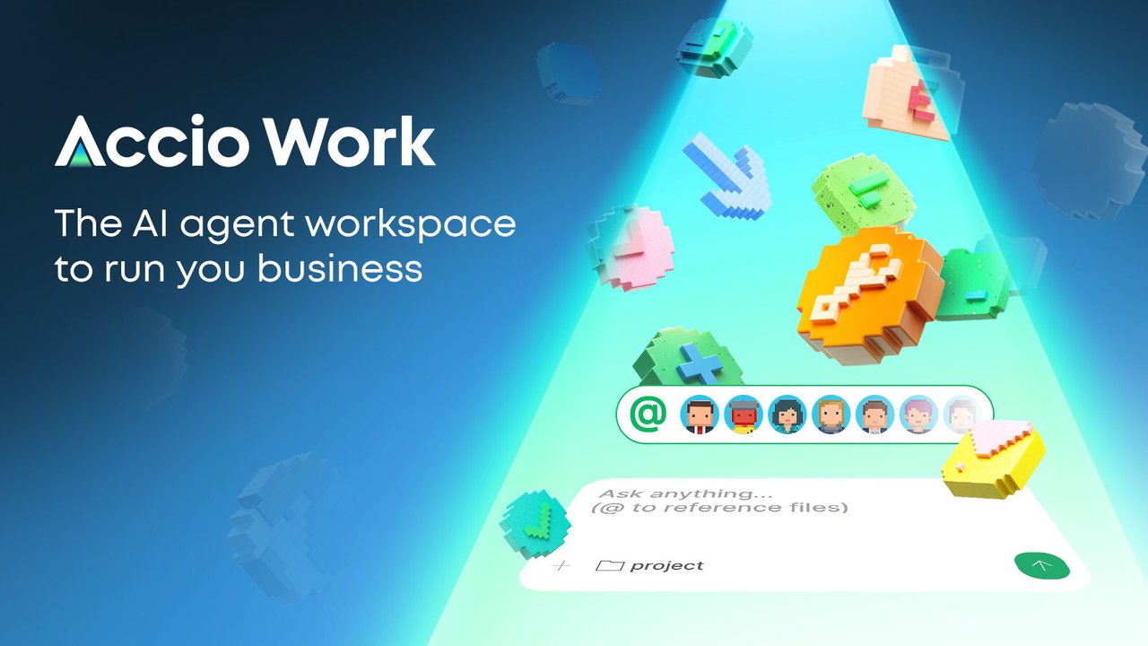 Accio Work hero banner showing the AI agent workspace interface with team of virtual agents