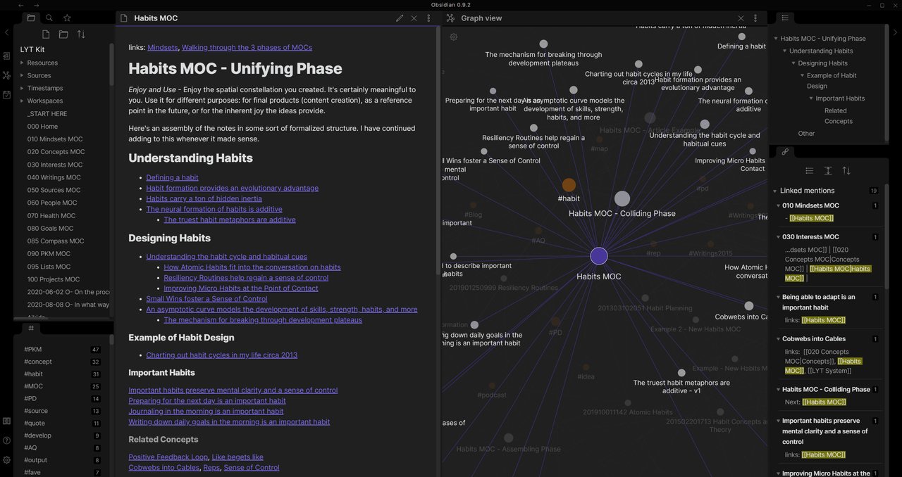 Obsidian app interface showing notes, graph view, and markdown editing