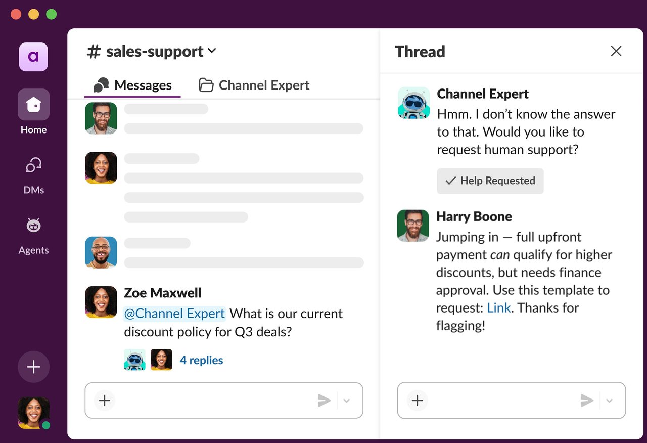 Slack AI agent interface showing channel analysis and suggestions