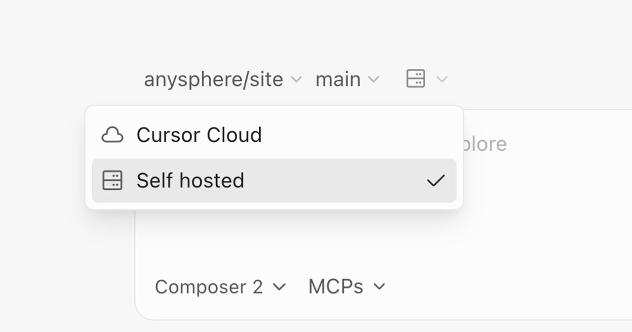 Cursor UI showing the Self hosted option selected in the cloud agents dropdown