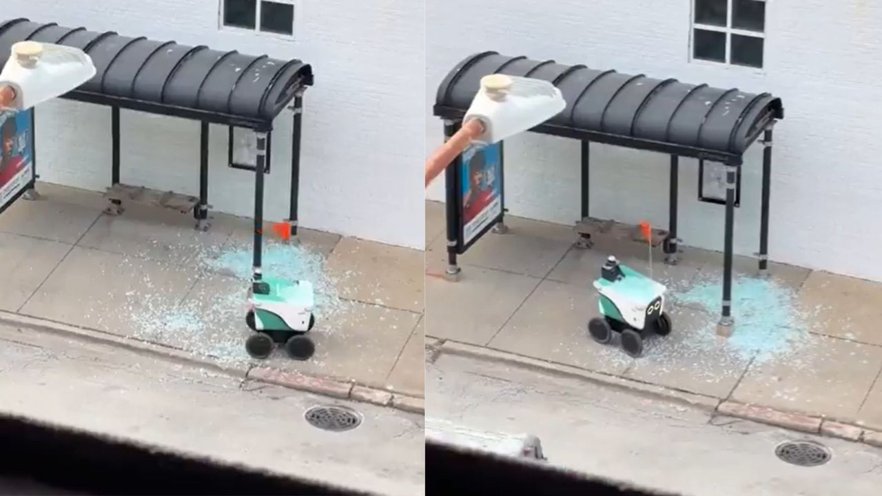 Serve Robotics delivery robot after crashing through a glass bus shelter in Chicago's West Town neighborhood