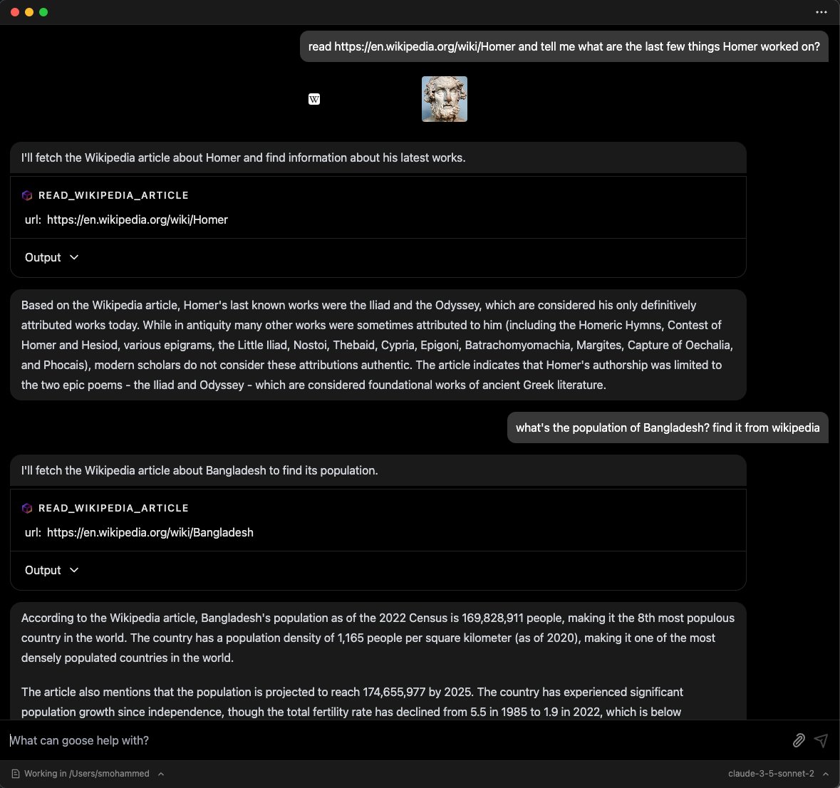 Goose extension chat showing tool integration