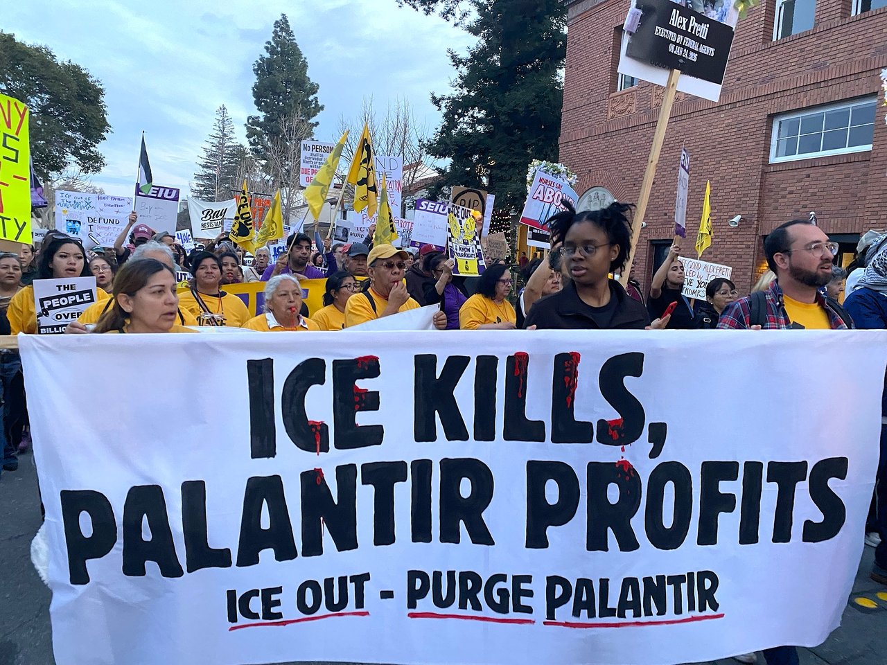 Activists protesting Palantir contract with NYC hospitals holding Purge Palantir banner
