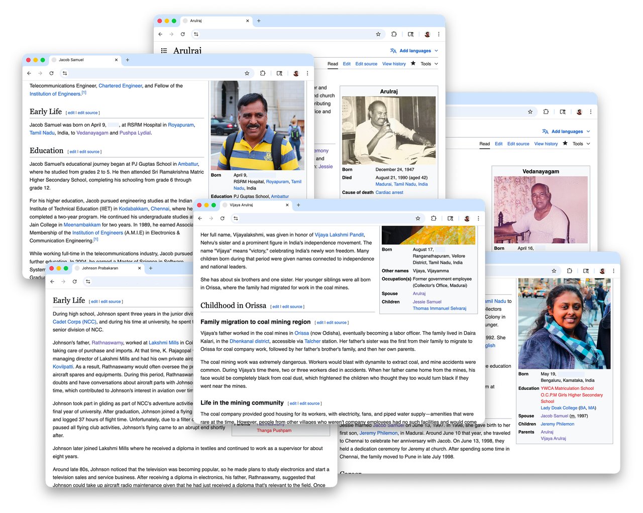 whoami.wiki showing multiple personal encyclopedia pages with family biographies, photos, and infoboxes styled like Wikipedia