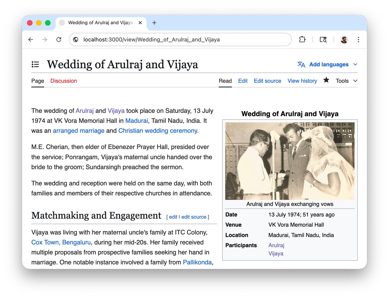 A Wikipedia-style article about a grandmother's 1974 wedding with infobox, photos, and detailed historical context