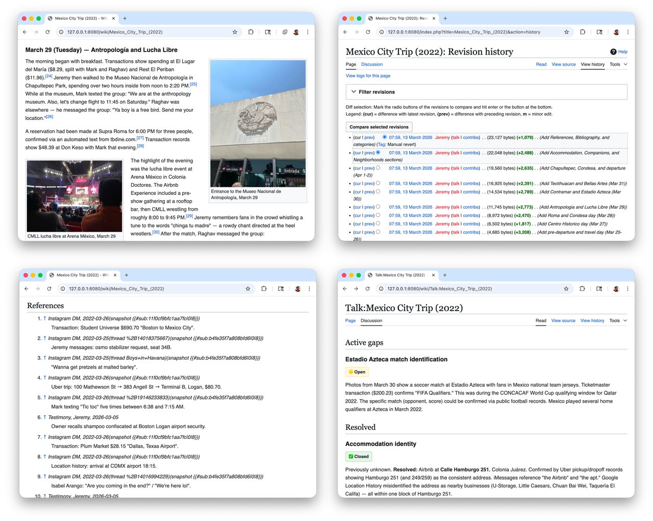 Mexico City trip wiki article with revision history, references from Instagram, Uber, bank transactions, and talk page research notes