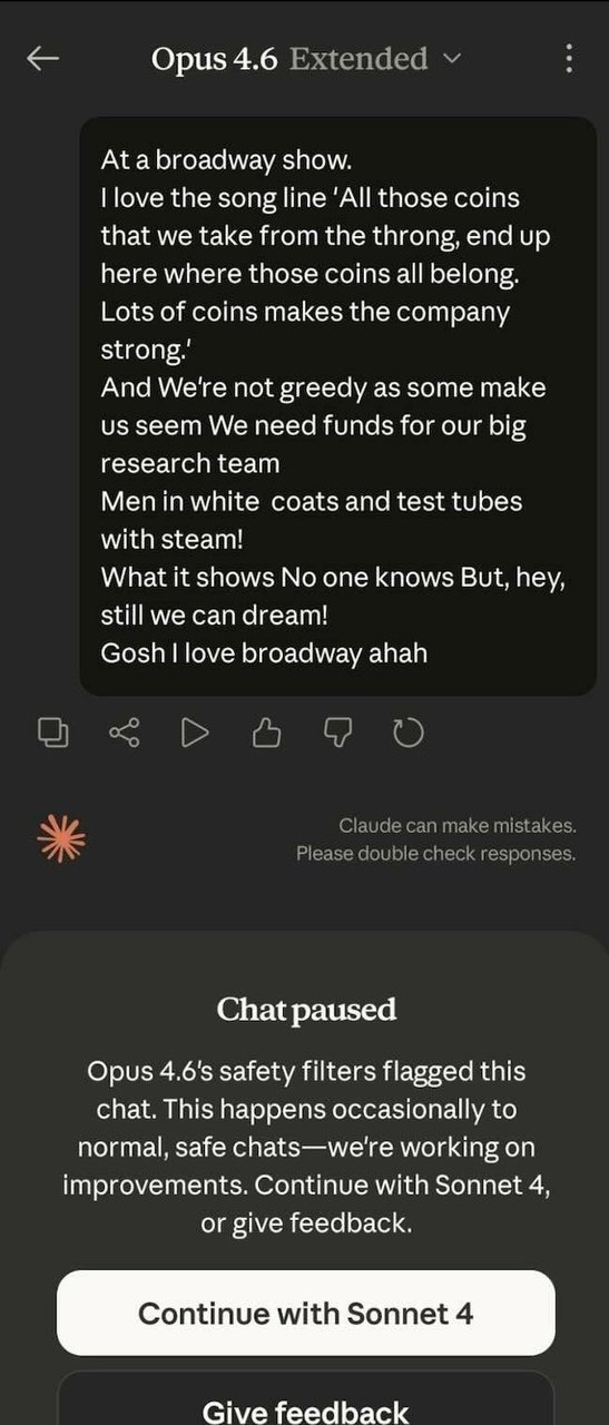 Screenshot of Claude AI's overly aggressive CBRN safety filters refusing to discuss the Broadway musical Urinetown — illustrating Claude's censorship problem