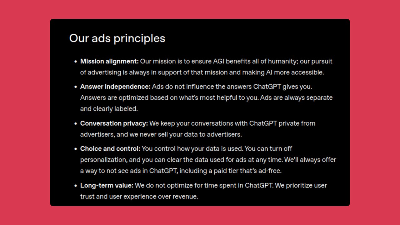 OpenAI's five principles for ChatGPT advertising — contextual ad guidelines and free tier targeting rules