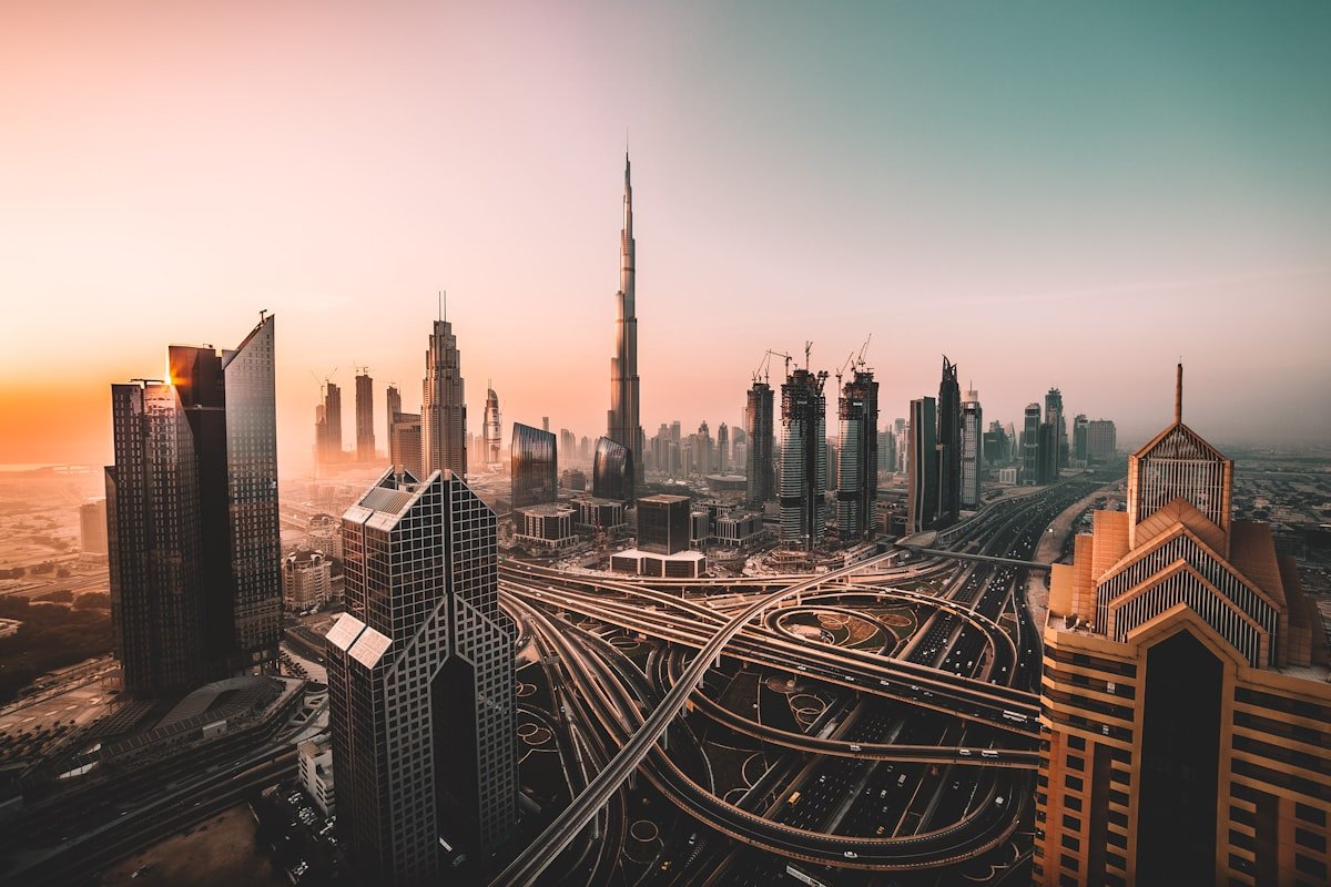 Dubai financial district skyline at dusk — a resilient Gulf AI automation and technology investment hub amid regional geopolitical tensions