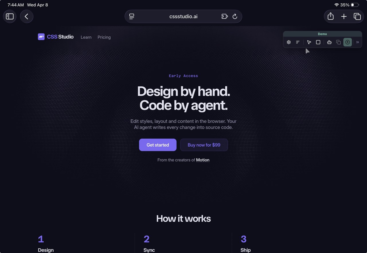 CSS Studio AI agent design-to-code tool: on-page visual editing panel with live controls for colors, layout, and typography in React and Vue projects