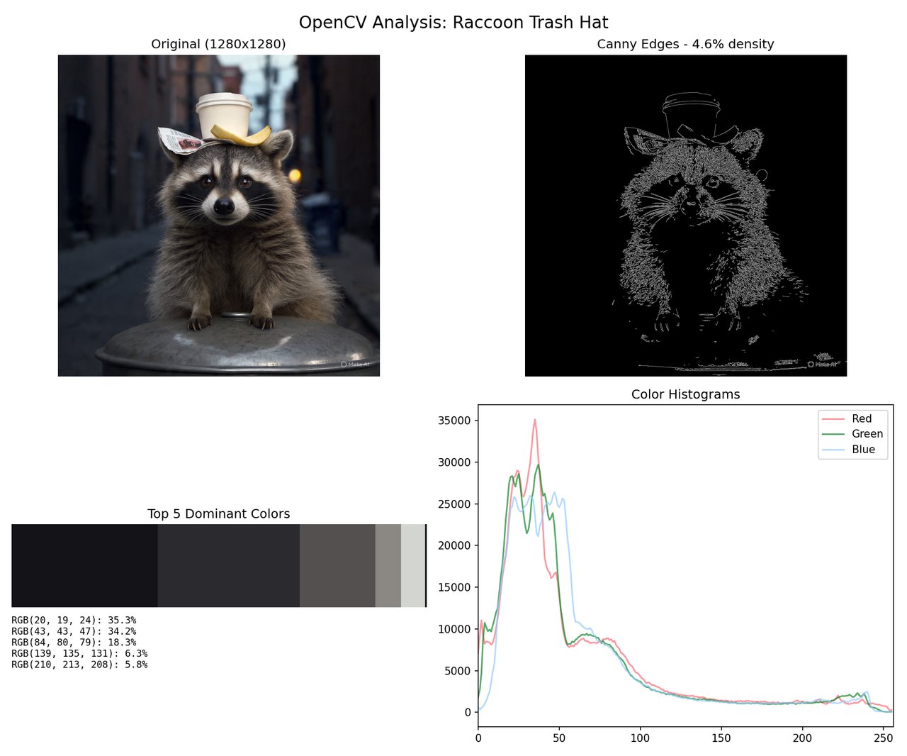 Meta Muse Spark AI automation — Python OpenCV edge detection map and dominant color histogram analysis