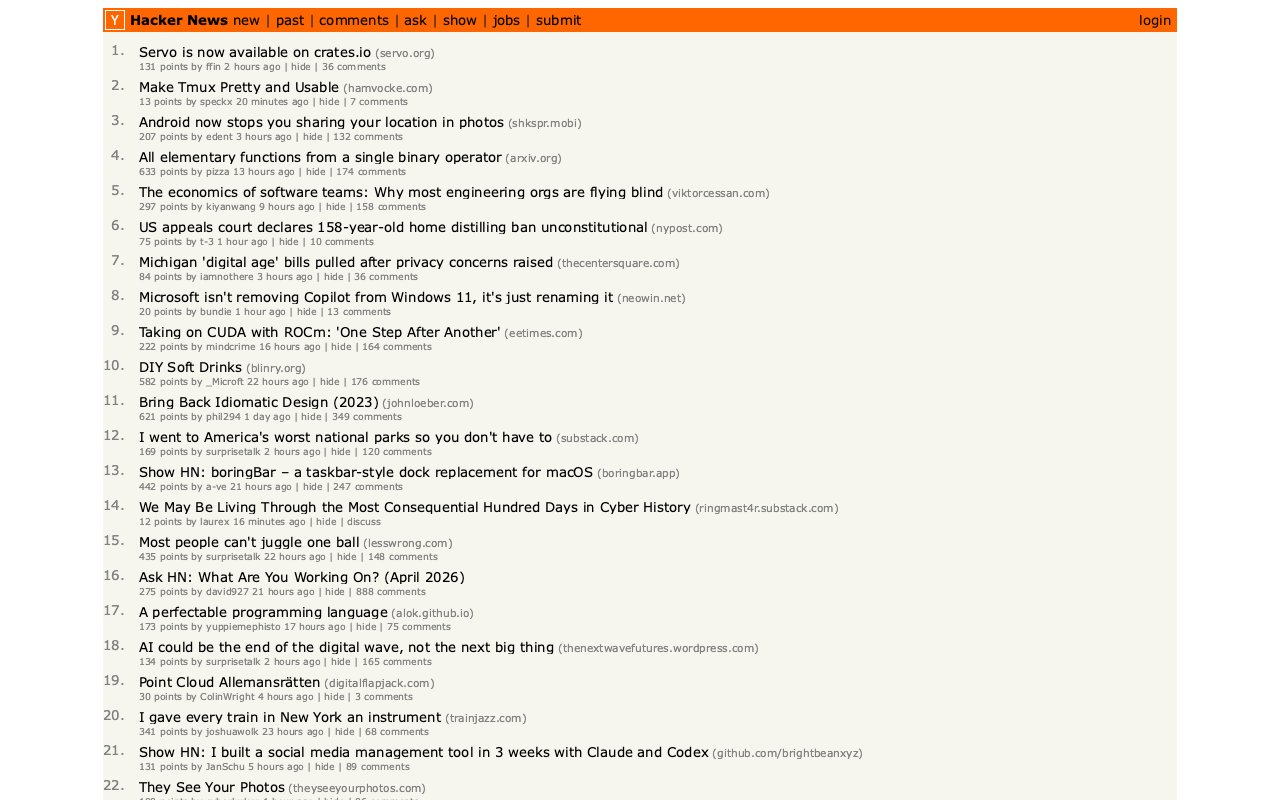 Hacker News homepage rendered by servo-shot, a CLI screenshot tool built with Claude Code and AI automation using the Servo browser engine — agentic coding in practice