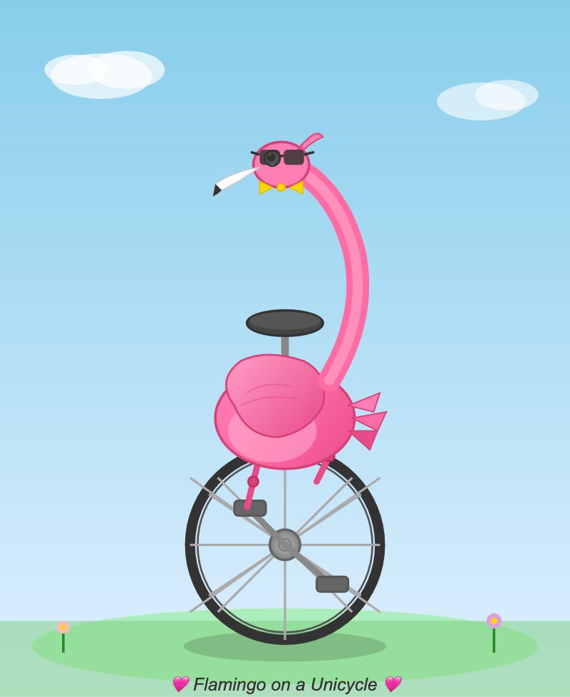 Qwen 35B free local AI model flamingo SVG riding a unicycle — colorful and expressive, generated offline on MacBook Pro