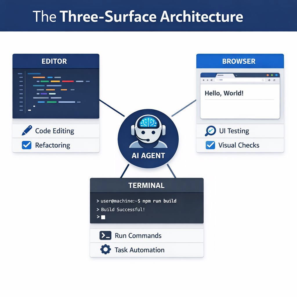 Google Antigravity AI code editor — editor, terminal, and browser surfaces for AI automation workflows