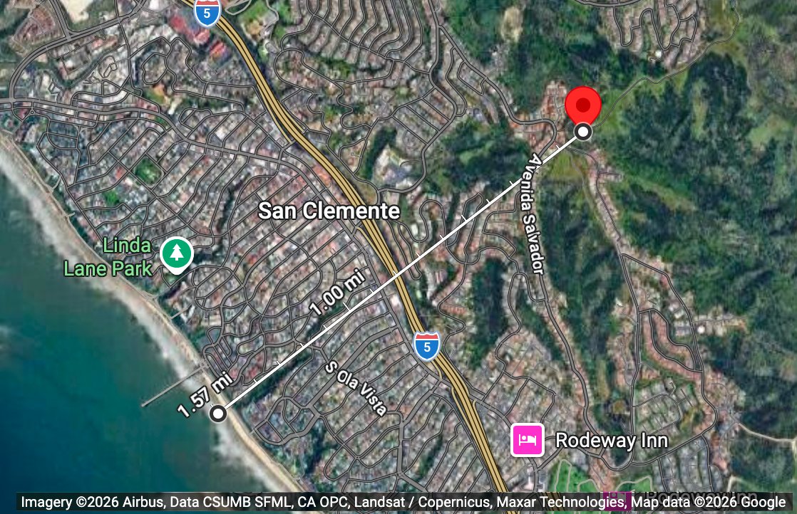 AI surveillance map: Anduril Sentry tower 1.5 miles from San Clemente with 9-mile camera radius covering 62,000 residents