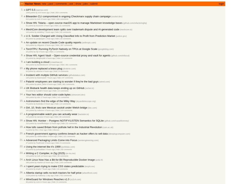Hacker News front page 2026 — minimal link-based layout unchanged since 2007, used daily by 500,000+ software engineers